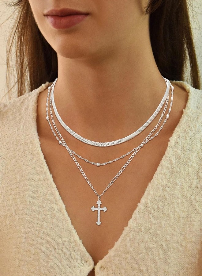 ASCOMY Necklace for Women 14K Silver Plated Layered Necklaces Stackable Layering Twist Rope Choker Herringbone Figaro CZ Cross Necklace Stacking Silver Choker Necklaces Trendy Jewelry Gift for Her - Image 2